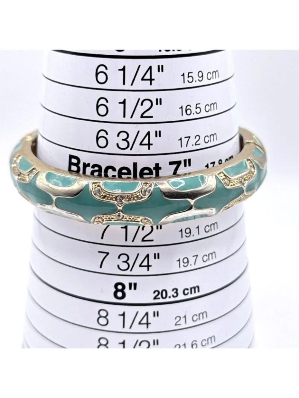 Teal Green Bangle Bracelet Gold Tone Rhinestones Enamel Hinged Clamper 7